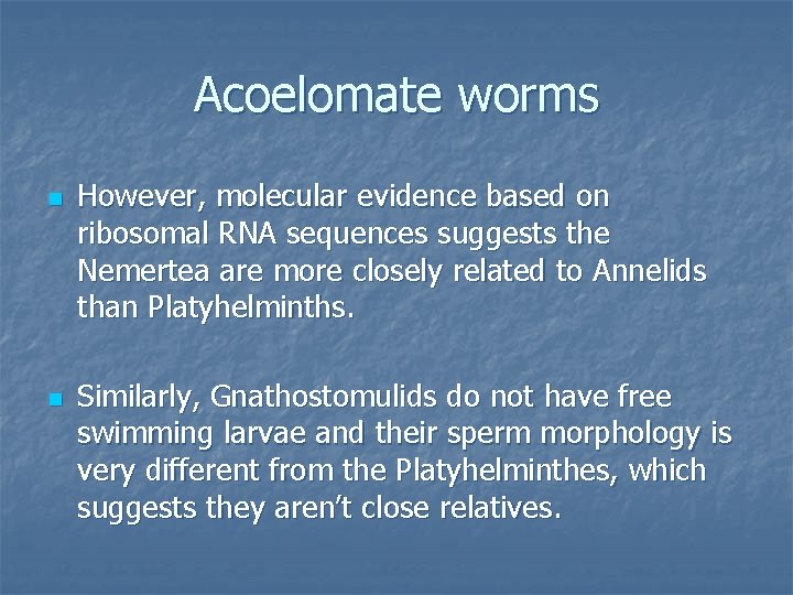 Acoelomate worms n n However, molecular evidence based on ribosomal RNA sequences suggests the