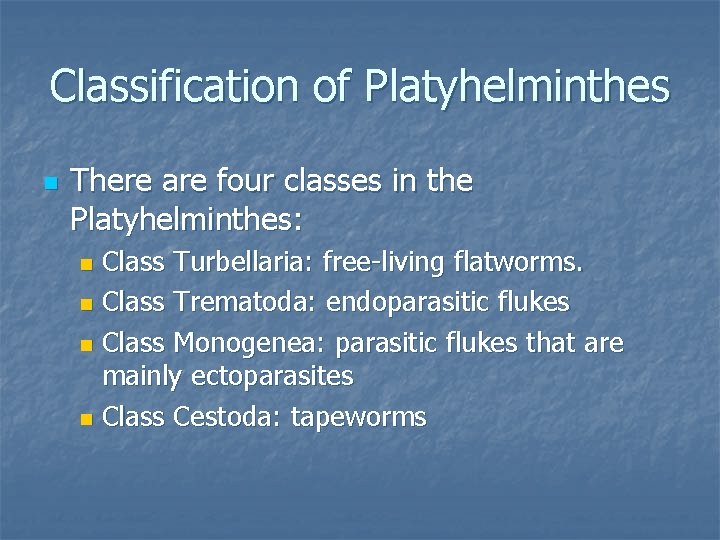 Classification of Platyhelminthes n There are four classes in the Platyhelminthes: Class Turbellaria: free-living