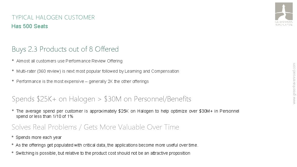 TYPICAL HALOGEN CUSTOMER Has 500 Seats • Almost all customers use Performance Review Offering