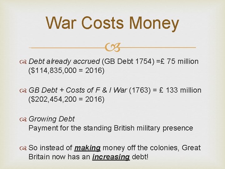 War Costs Money Debt already accrued (GB Debt 1754) =£ 75 million ($114, 835,