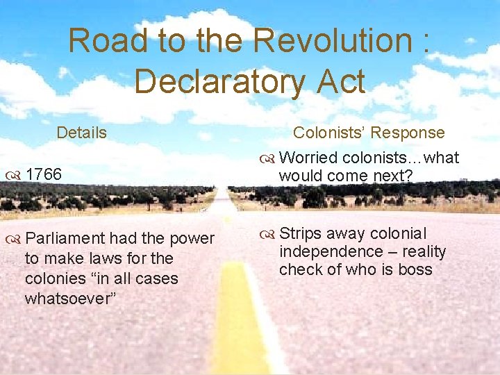 Road to the Revolution : Declaratory Act Details 1766 Parliament had the power to