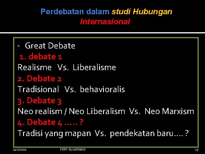 Perdebatan dalam studi Hubungan Internasional Great Debate 1. debate 1 Realisme Vs. Liberalisme 2.