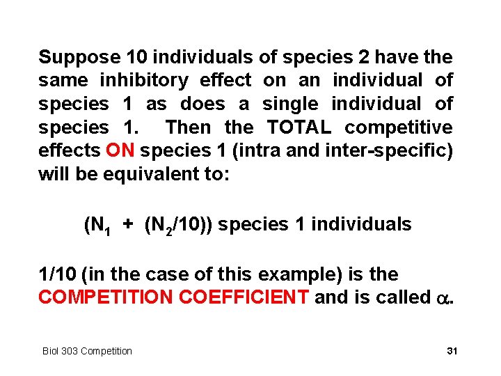 Suppose 10 individuals of species 2 have the same inhibitory effect on an individual