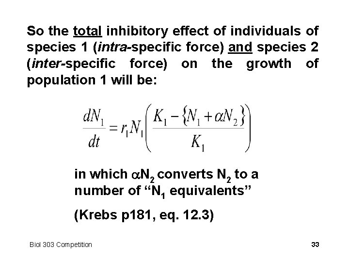 So the total inhibitory effect of individuals of species 1 (intra-specific force) and species