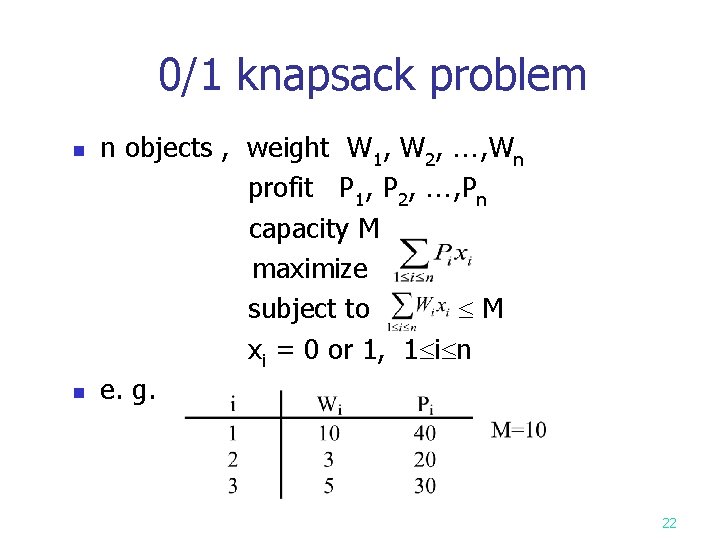 0/1 knapsack problem n objects , weight W 1, W 2, , Wn profit