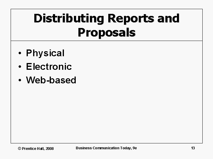 Distributing Reports and Proposals • Physical • Electronic • Web-based © Prentice Hall, 2008