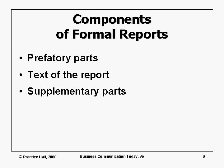 Components of Formal Reports • Prefatory parts • Text of the report • Supplementary