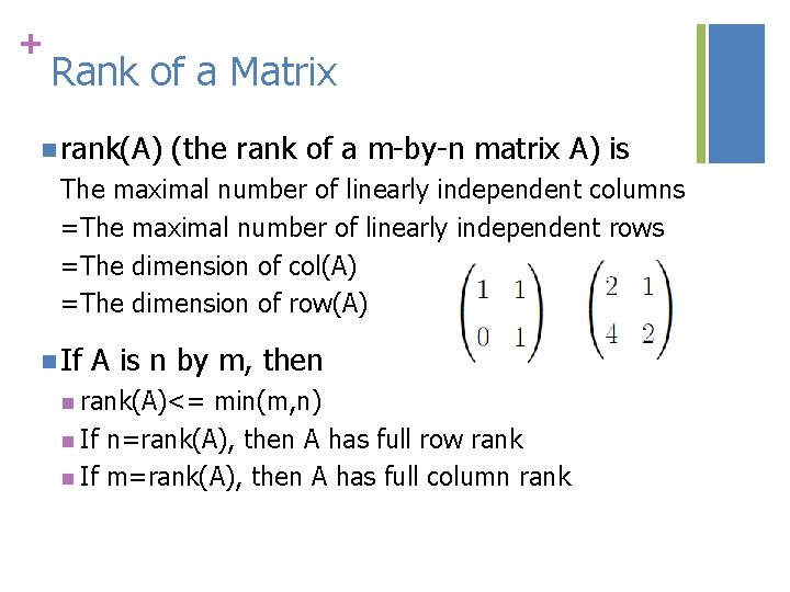+ Rank of a Matrix n rank(A) (the rank of a m-by-n matrix A)