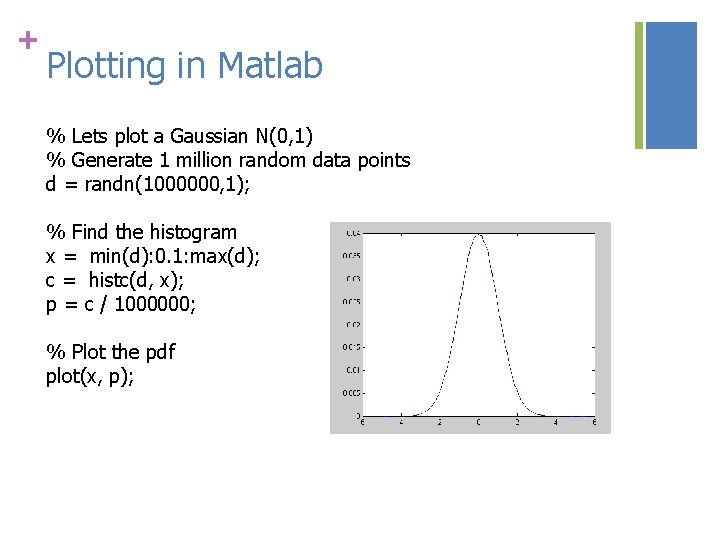 + Plotting in Matlab % Lets plot a Gaussian N(0, 1) % Generate 1