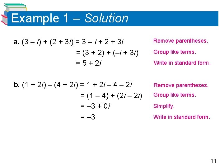 Example 1 – Solution a. (3 – i ) + (2 + 3 i