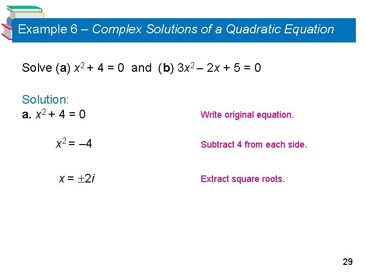 Example 6 – Complex Solutions of a Quadratic Equation Solve (a) x 2 +
