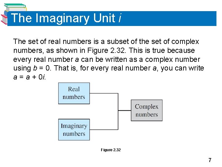 The Imaginary Unit i The set of real numbers is a subset of the