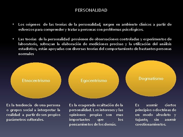 PERSONALIDAD • Los orígenes de las teorías de la personalidad, surgen en ambiente clínicos