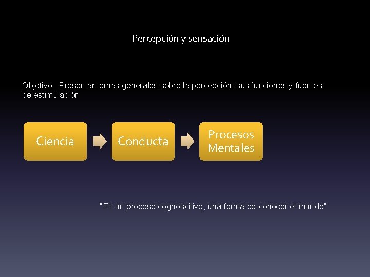 Percepción y sensación Objetivo: Presentar temas generales sobre la percepción, sus funciones y fuentes