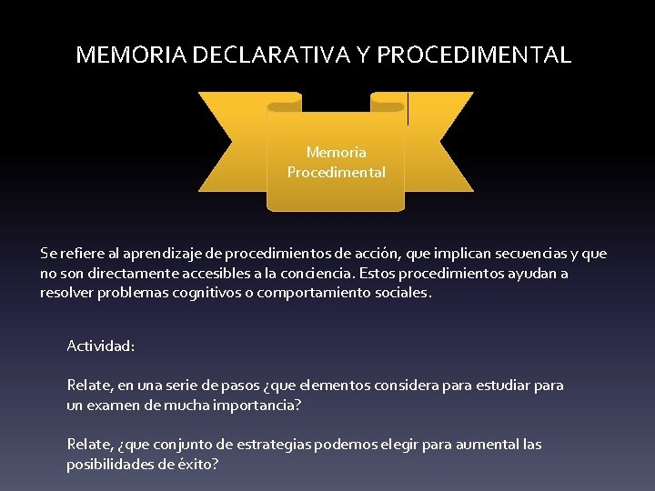 MEMORIA DECLARATIVA Y PROCEDIMENTAL Memoria Procedimental Se refiere al aprendizaje de procedimientos de acción,