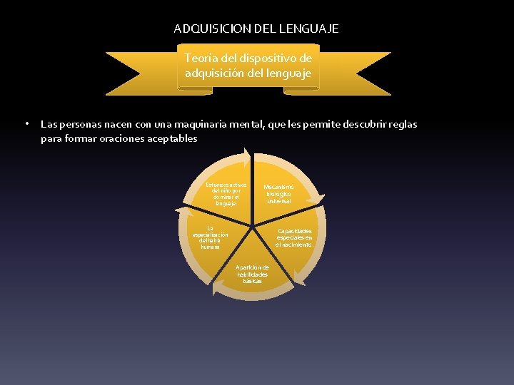 ADQUISICION DEL LENGUAJE Teoría del dispositivo de adquisición del lenguaje • Las personas nacen