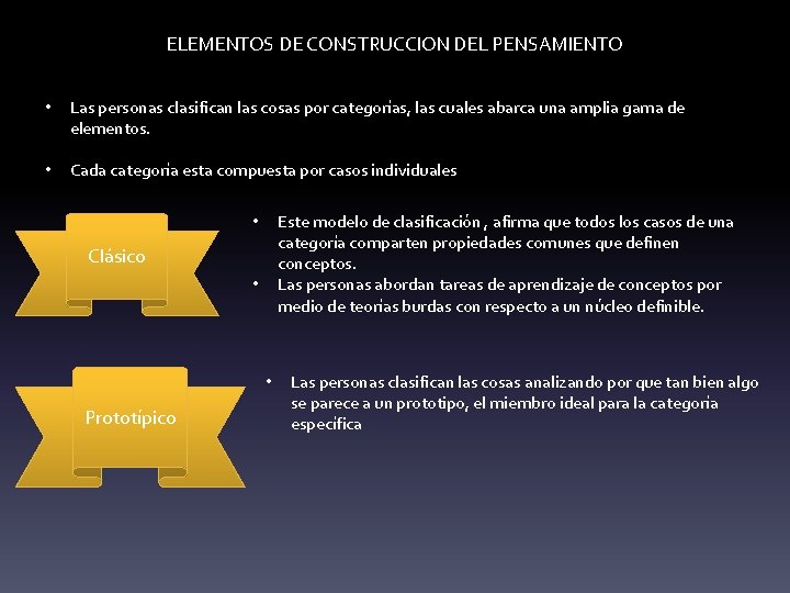 ELEMENTOS DE CONSTRUCCION DEL PENSAMIENTO • Las personas clasifican las cosas por categorías, las