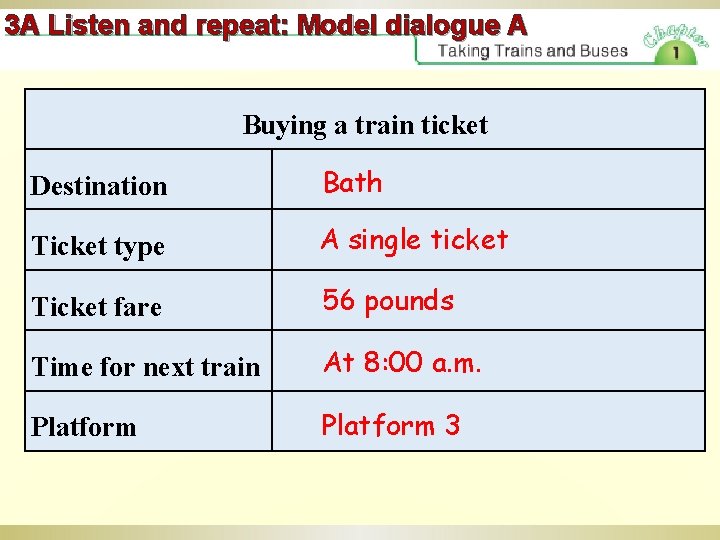 3 A Listen and repeat: Model dialogue A Buying a train ticket Destination Bath
