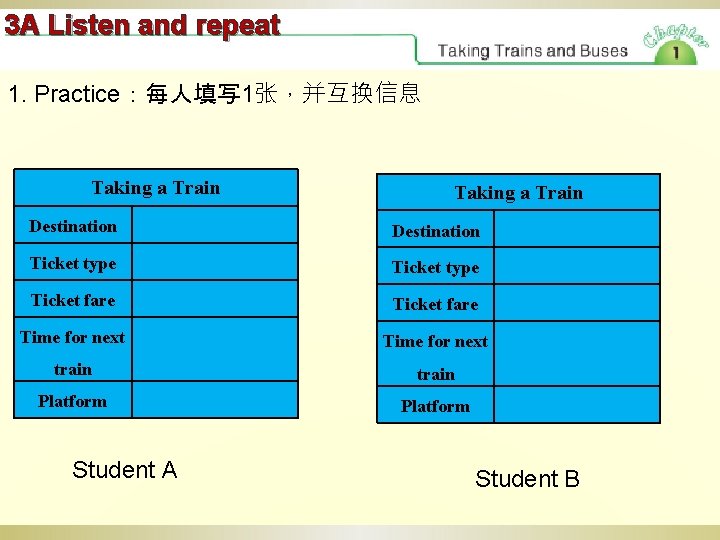 3 A Listen and repeat 1. Practice：每人填写 1张，并互换信息 Taking a Train Destination Ticket type