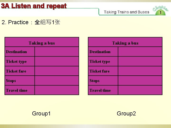 3 A Listen and repeat 2. Practice：全组写 1张 Taking a bus Destination Ticket type