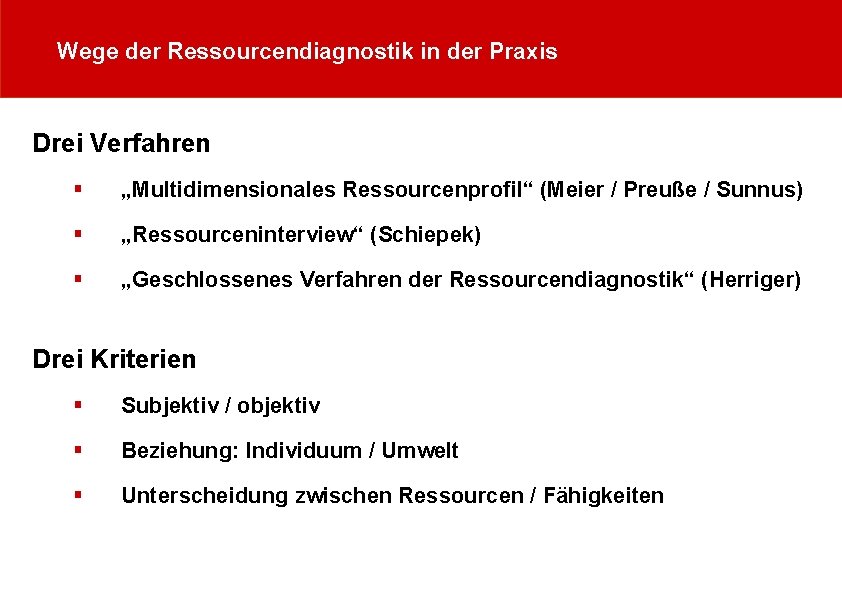 Wege der Ressourcendiagnostik in der Praxis Drei Verfahren § „Multidimensionales Ressourcenprofil“ (Meier / Preuße