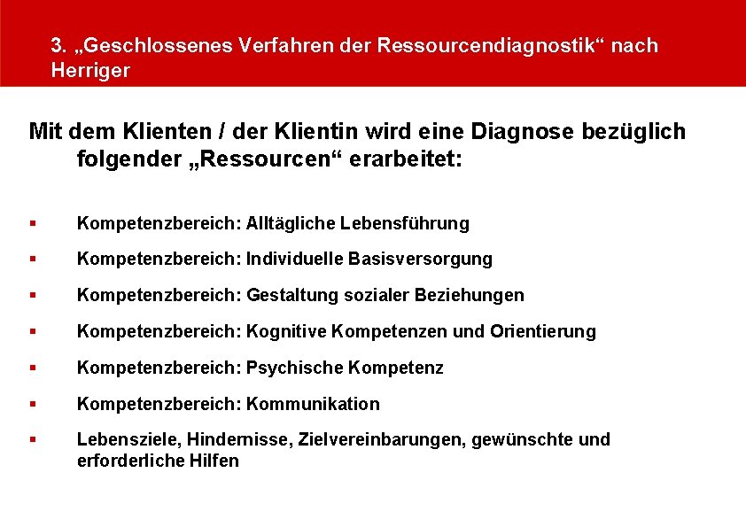 3. „Geschlossenes Verfahren der Ressourcendiagnostik“ nach Herriger Mit dem Klienten / der Klientin wird