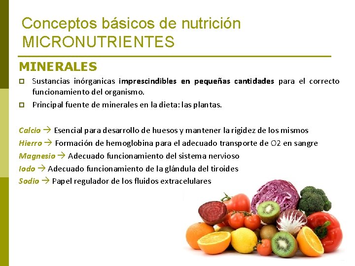 Conceptos básicos de nutrición MICRONUTRIENTES MINERALES p p Sustancias inórganicas imprescindibles en pequeñas cantidades