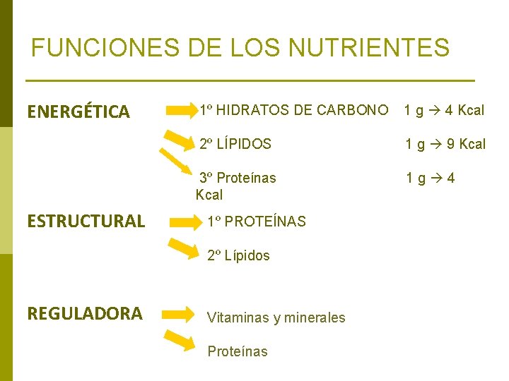 FUNCIONES DE LOS NUTRIENTES ENERGÉTICA ESTRUCTURAL 1º HIDRATOS DE CARBONO 1 g 4 Kcal