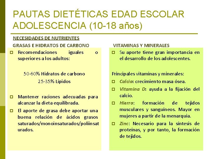 PAUTAS DIETÉTICAS EDAD ESCOLAR ADOLESCENCIA (10 -18 años) NECESIDADES DE NUTRIENTES GRASAS E HIDRATOS