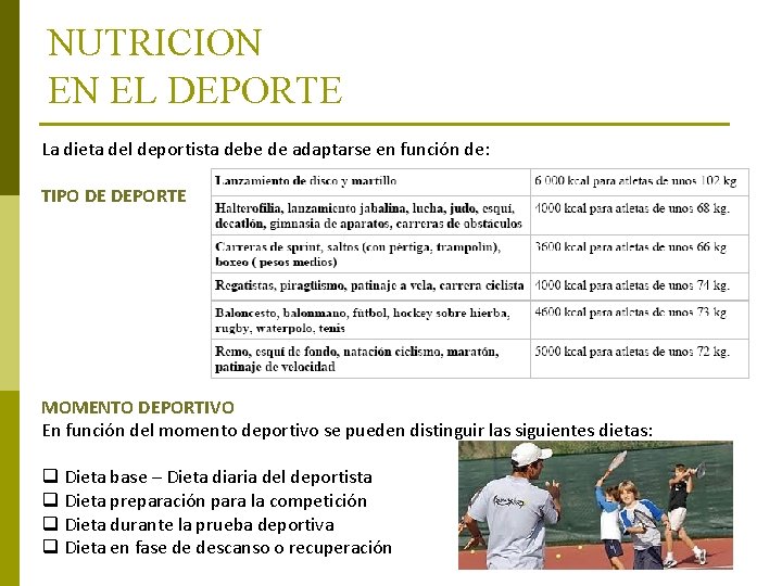 NUTRICION EN EL DEPORTE La dieta del deportista debe de adaptarse en función de: