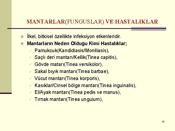 MANTARLAR(FUNGUSLAR) VE HASTALIKLAR n İlkel, bitkisel özellikte infeksiyon etkenleridir. n Mantarların Neden Olduğu Kimi