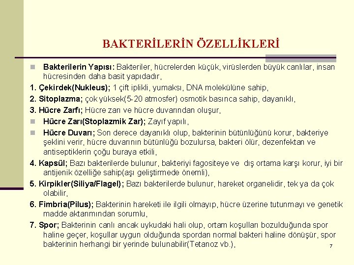 BAKTERİLERİN ÖZELLİKLERİ Bakterilerin Yapısı: Bakteriler, hücrelerden küçük, virüslerden büyük canlılar, insan hücresinden daha basit