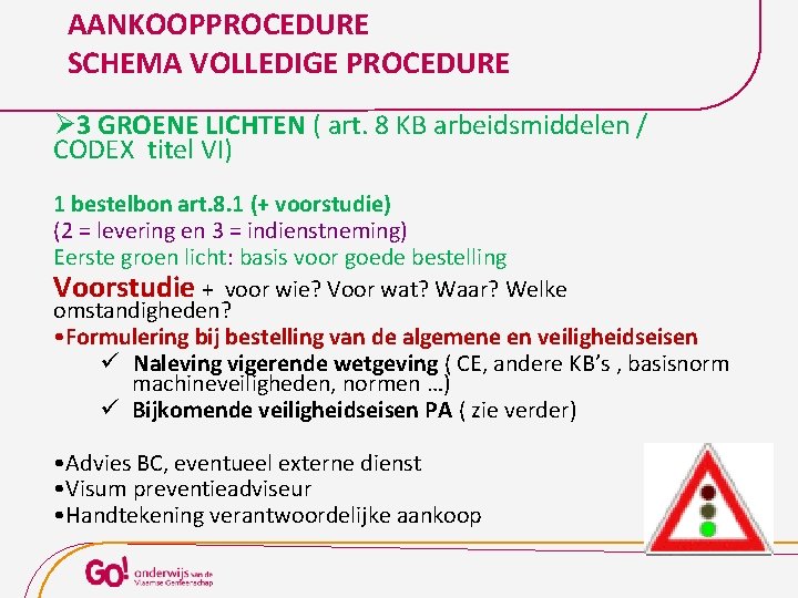 AANKOOPPROCEDURE SCHEMA VOLLEDIGE PROCEDURE Ø 3 GROENE LICHTEN ( art. 8 KB arbeidsmiddelen /
