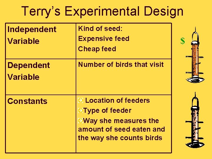 Terry’s Experimental Design Independent Variable Kind of seed: Expensive feed Cheap feed Dependent Variable