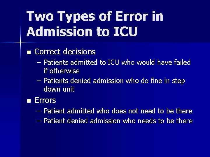 Two Types of Error in Admission to ICU n Correct decisions – Patients admitted