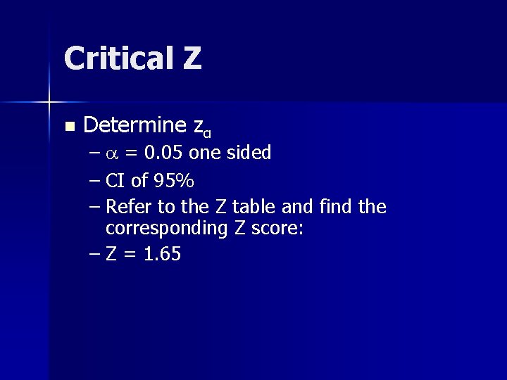 Critical Z n Determine zα – = 0. 05 one sided – CI of