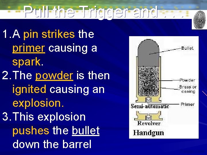 Pull the Trigger and. . . 1. A pin strikes the primer causing a