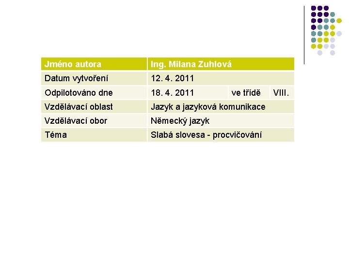 Jméno autora Ing. Milana Zuhlová Datum vytvoření 12. 4. 2011 Odpilotováno dne 18. 4.