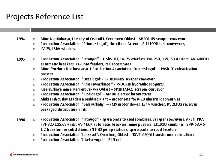 Projects Reference List 1994 1995 1996 Mine Kapitalnaya, the city of Osinniki, Kemerovo Oblast