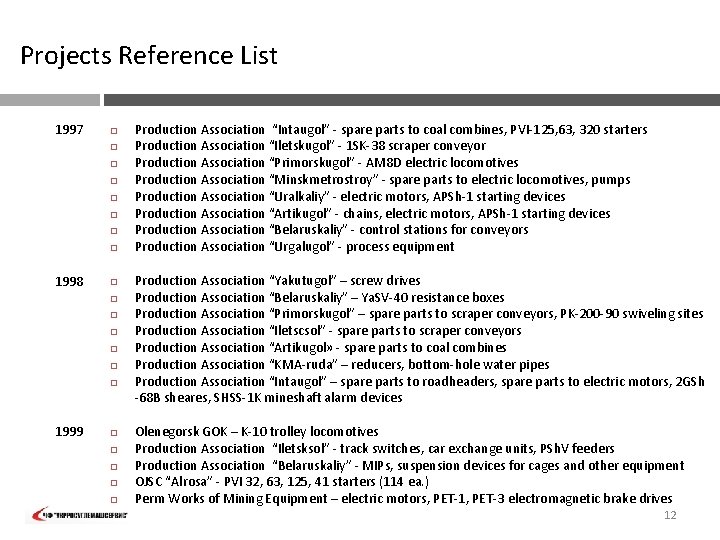 Projects Reference List 1997 1998 1999 Production Association “Intaugol” - spare parts to coal