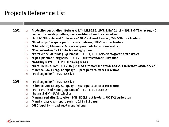 Projects Reference List 2002 2003 Production Association “Belaruskaliy” - LSM-132, LUVR, LSh. V-01, LPK-10