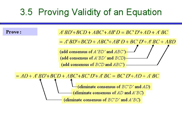 3. 5 Proving Validity of an Equation Prove : (add consensus of A’BD’ and