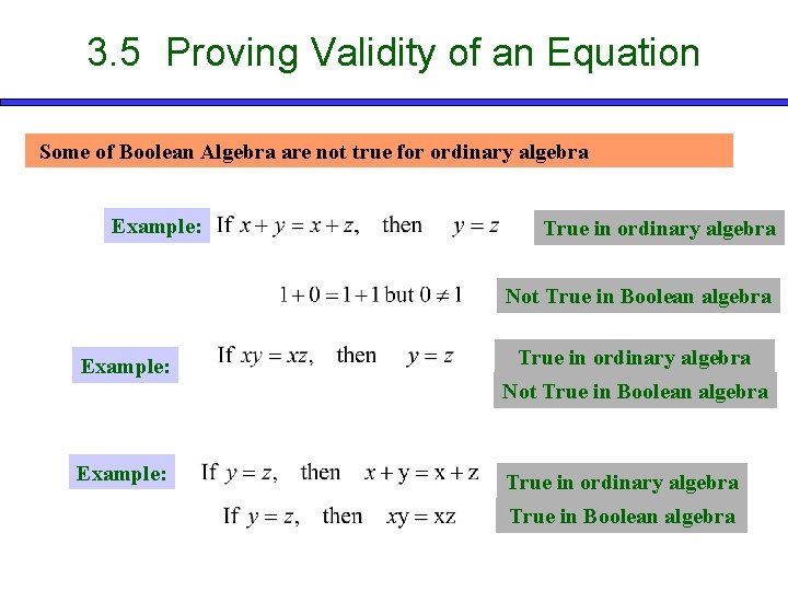 3. 5 Proving Validity of an Equation Some of Boolean Algebra are not true