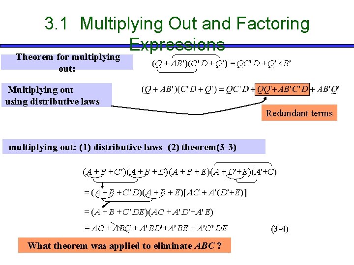 3. 1 Multiplying Out and Factoring Expressions Theorem for multiplying out: (Q + AB'