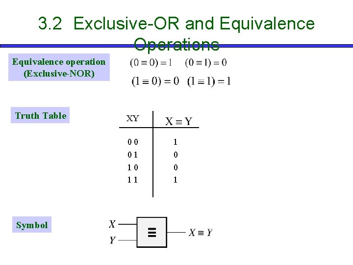 3. 2 Exclusive-OR and Equivalence Operations Equivalence operation (Exclusive-NOR) Truth Table XY 00 01