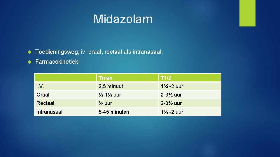 Midazolam Toedieningsweg; iv, oraal, rectaal als intranasaal. Farmacokinetiek: Tmax T 1/2 I. V. 2,