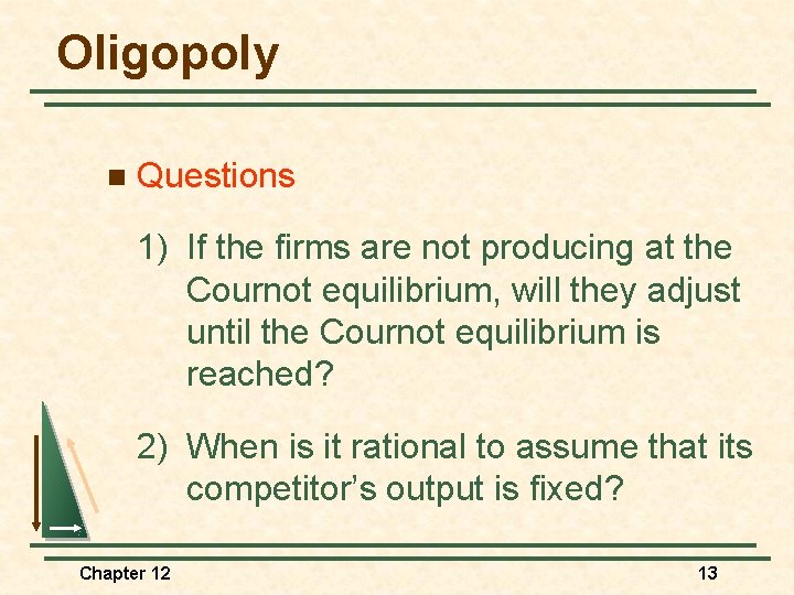 Oligopoly n Questions 1) If the firms are not producing at the Cournot equilibrium,