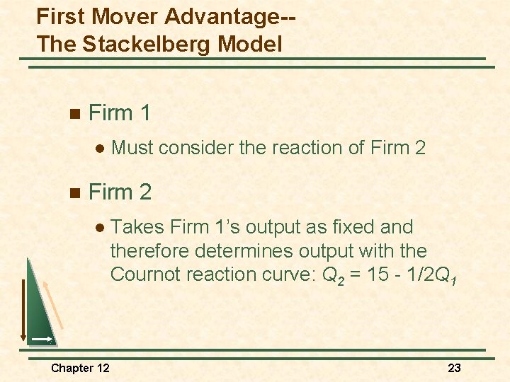 First Mover Advantage-The Stackelberg Model n Firm 1 l n Must consider the reaction