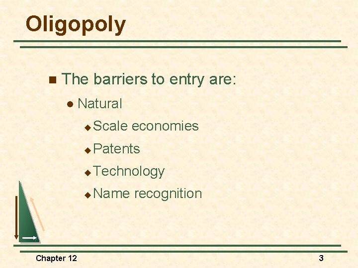Oligopoly n The barriers to entry are: l Chapter 12 Natural u Scale economies