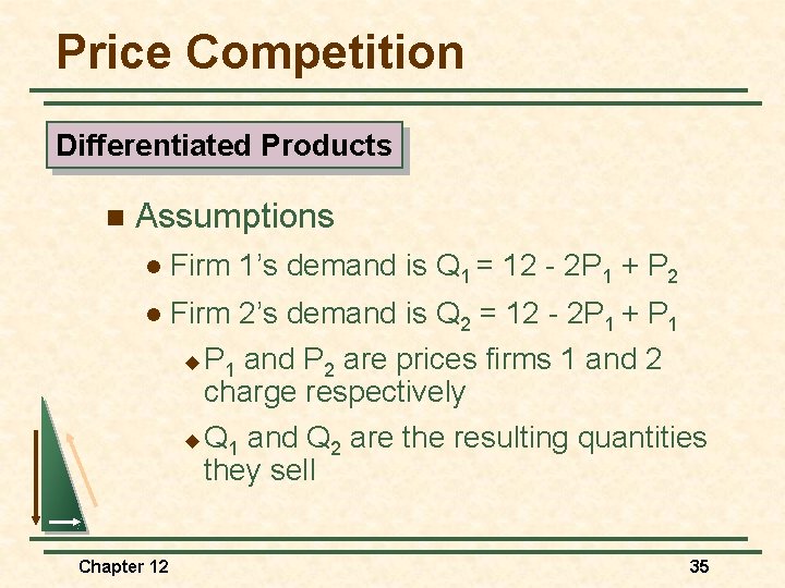 Price Competition Differentiated Products n Assumptions l Firm 1’s demand is Q 1 =